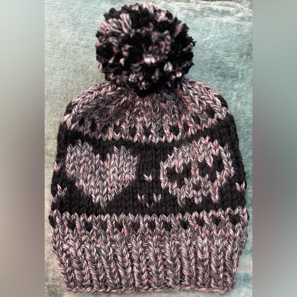 Handmade Hand Crafted Adult Knit Skull and Heart hat black gray and pink